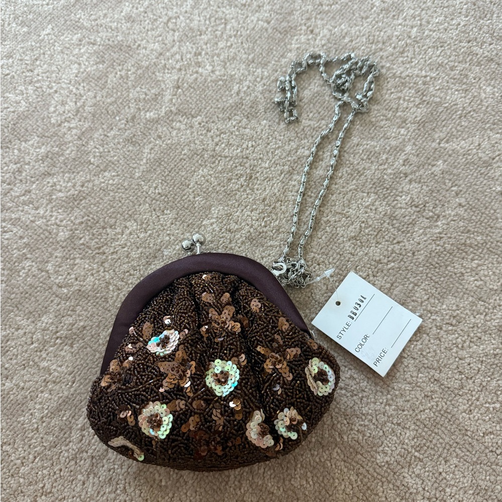 Brown Sequin Clutch with Chain